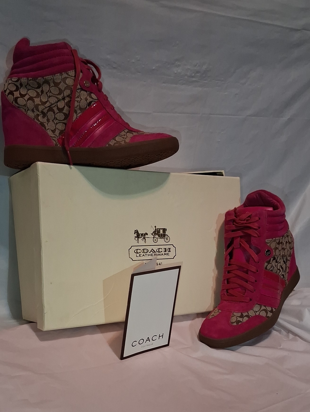 📌Rare Coach Alara Hot Pink Suede Signature Jacquard Wedge Sneakers w/ Box